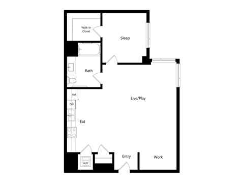 A floor plan of a house with a sleeping area, a living area, a bathroom, a kitchen, an entryway, and a work area.